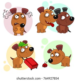 Ninth part of a collection of icons with dogs for design. A dog is angry in anger, a dog wants to be friends, a dog traveler with a suitcase, a dog with a ladybug.