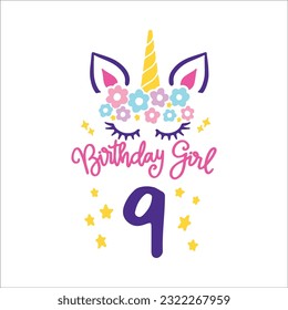 Ninth Unicorn Birthday Svg, 9th unicorn, Unicorn Face Svg, Unicorn, Birthday Girl svg, Birthday Shirt, Gift for Birthday svg,  Cut files Cricut svg