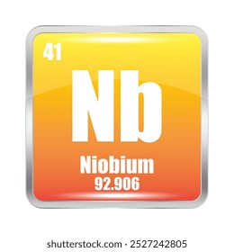 Niobium icon. Nb chemical element. Atomic number 41. Mass 92.906. Orange square.