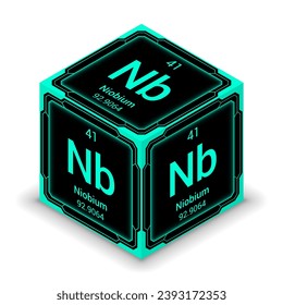 Niobium (Nb) (041) - Fundamental Element Futuristic Cybernetic Cube Block Isometric View, Icon Isolated White Background, Periodic Table, Chemical Symbol, Name, Atomic Mass, Atomic Number