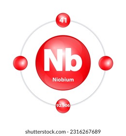 Niobium (Nb) Icon structure chemical element round shape circle light red with surround ring. 3D Illustration vector. Period number shows of energy levels of electron. Study science for education