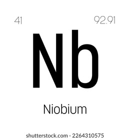 Niobium, Nb, periodic table element with name, symbol, atomic number and weight. Transition metal with various industrial uses, such as in steel production, superconductors, and as a component of