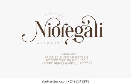 Nioregali ostenta letras y números de alfabeto elegantes de lujo. tipografía de boda Antiguas classic serif font decorativo vintage retro. Ilustración vectorial creativa