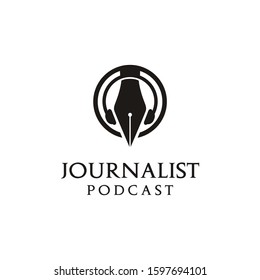 Nip Dib Tip Pen Head with Earphones Headphones for Journalist Podcast Radio logo design vector