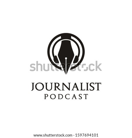 Nip Dib Tip Pen Head with Earphones Headphones for Journalist Podcast Radio logo design vector