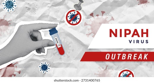 Conceito de vírus Nipah. Colagem com a mão do meio-tom que segura o tubo de teste com teste positivo do nipah. Ilustração vetorial. Fundo de textura de papel