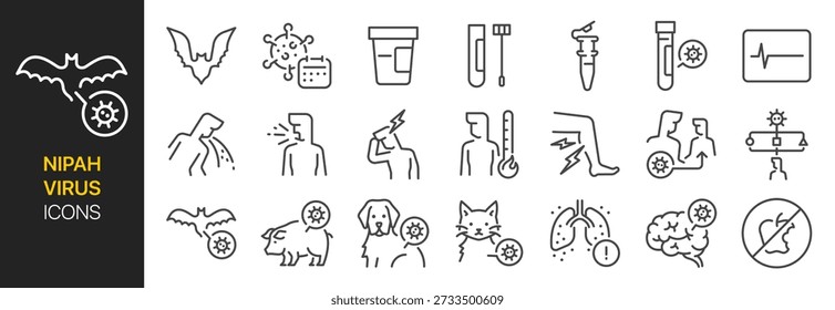 Nipah virus icon set. It included NiV, henipavirus, zoonotic disease, infection, outbreak, and more icons. Editable Vector Stroke.