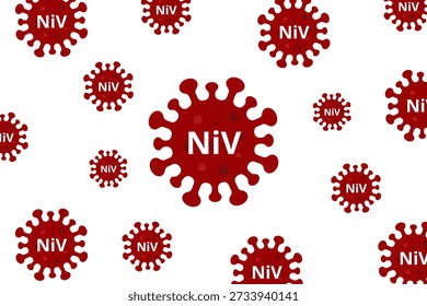 Nipah virus particles with red NiV virus icons on white background. Medical and healthcare concept for infectious disease, outbreak awareness, virology, and public health visuals