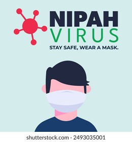 Nipah virus stay safe, wear a mask. Vector illustration with text, man with mask. Health, virology concept.