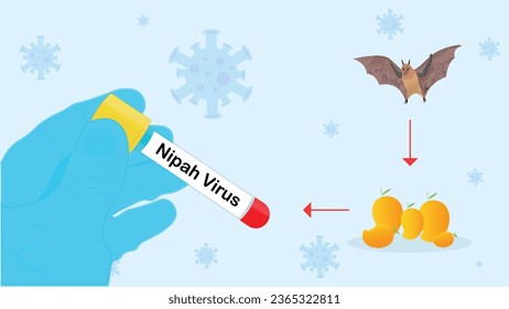 Nipah Virus Transmission from Bats Illustration with Test Tube Sample from Infected Mango Fruit 