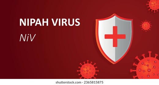 Nipah virus warning background, epidemic alert banner, dangerous health situation, fight infection, stop spreading, red abstract backdrop with virus cell and shield, copy space for text