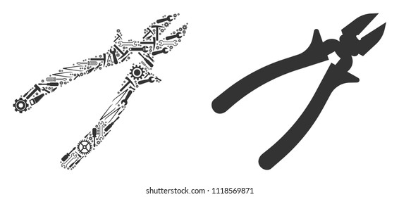 Nippers collage of service instruments. Vector nippers icon is designed of cogs, spanners and other service objects. Concept for industrial service.