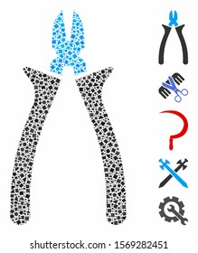 Nippers icon mosaic of bumpy pieces in various sizes and color hues, based on nippers icon. Vector uneven pieces are united into collage. Nippers icons collage with dotted pattern.