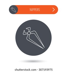 Nippers icon. Repairing service tool sign. Gray flat circle button. Orange button with arrow. Vector