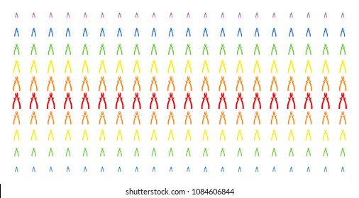Nippers icon spectral halftone pattern. Vector symbols arranged into halftone grid with vertical rainbow colors gradient. Designed for backgrounds, covers, templates and abstract effects.