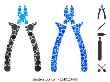 Nippers mosaic of circle elements in various sizes and shades, based on nippers icon. Vector dots are grouped into blue mosaic. Dotted nippers icon in usual and blue versions.