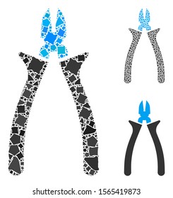 Nippers mosaic of trembly pieces in variable sizes and color tones, based on nippers icon. Vector trembly pieces are united into illustration. Nippers icons collage with dotted pattern.