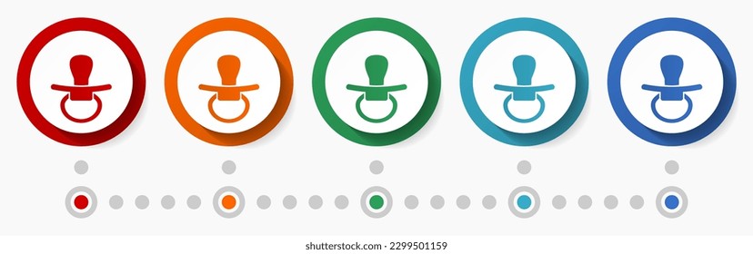 Nipple, baby concept vector icon set, flat design colorful buttons, infographic template in 5 color options