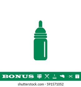Nipple bottle icon flat. Green pictogram on white background. Vector illustration symbol and bonus button