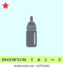 Nipple bottle icon flat. Grey pictogram on blue background. Vector illustration symbol and bonus buttons medal, cow, earth, eye, calculator
