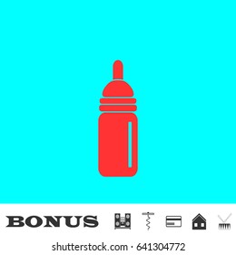 Nipple bottle icon flat. Red pictogram on blue background. Vector illustration symbol and bonus buttons Music center, corkscrew, credit card, house, drum