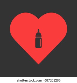 Nipple bottle icon flat. Simple pictogram on heart background. Vector illustration symbol