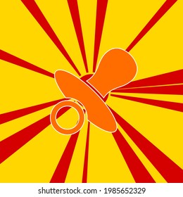 Nipple symbol on a background of red flash explosion radial lines. The large orange symbol is located in the center of the sun, symbolizing the sunrise. Vector illustration on yellow background
