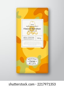 Nipplefruit Chocolate Label. Abstract Shapes Vector Packaging Design Layout with Realistic Shadows. Modern Typography, Hand Drawn Fruit Silhouette and Colorful Camouflage Pattern Background. Isolated