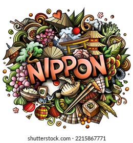 Nippon hand drawn cartoon doodles illustration. Funny Japan travel design. Creative art vector background. Handwritten text with Japanese symbols, elements and objects. Colorful composition