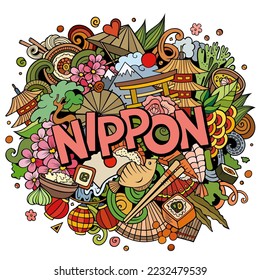 Nippon hand drawn cartoon doodles illustration. Funny Japan travel design. Creative art vector background. Handwritten text with Japanese symbols, elements and objects. Colorful composition