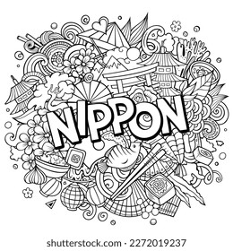 Nippon hand drawn cartoon doodles illustration. Funny Japan travel design. Creative art vector background. Handwritten text with Japanese symbols, elements and objects. Sketchy composition