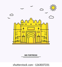 NIS FORTRESS Monument Poster Template. World Travel Yellow illustration Background in Line Style with beauture nature Scene