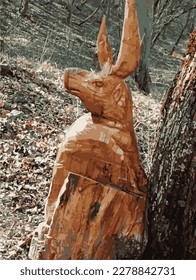 Nis, Serbia, March 23.2023. Rabbit made from wood outdoor park 16 colour vector illustration