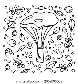 Niscalo mushroom set with leaves and berries in black isolated on a white background for autumn or thanksgiving cards, t-shirt design, coloring page. Vector illustration