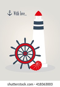 Nise card with lighthouse shell and helm in dark blue and red colors