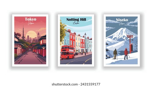 Niseko, Japan. Notting Hill, London. Tokio, Japan - Set von 3 Vintage Reiseplakaten. Vektorgrafik. Qualitativ hochwertige Ausdrucke