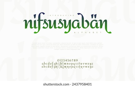 Nisfu syaban premium luxury romadhon alphabet letters and numbers. Elegant wedding typography islamic ramadan serif font decorative vintage retro. Creative vector illustration