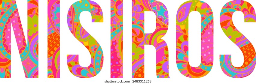 Nisiros island text title with floral doodle pattern. Unique place name vector design, use for article header, merch print, travel blog, postcard, wall art print  	