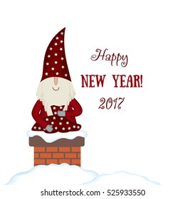 Nisse Santa Claus scandinavian folk style, nordic Christmas motive in red coat with bag of gifts in fireplace chimney on white background, vector illustration