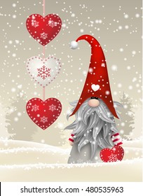 Nisser in Norway and Denmark, Tomtar in Sweden or Tonttu in Finnish, Scandinavian folklore elves, nordic christmas motive, Tomte standing in winter landscape, vector illustration, eps 10 with