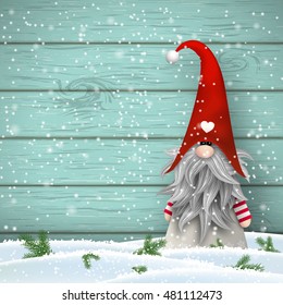 Nisser in Norway and Denmark, Tomtar in Sweden or Tonttu in Finnish, Scandinavian folklore elves, nordic christmas motive, Tomte standing in front of blue wooden wall in snow, vector illustration, eps