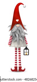 Nisser in Norway and Denmark, Tomtar in Sweden or Tonttu in Finnish, Scandinavian folklore elves, nordic traditional christmas motive, Tomte with lanternisolated on white background, vector