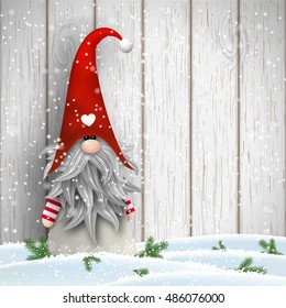 Nisser in Norway and Denmark, Tomtar in Sweden or Tonttu in Finnish, Scandinavian folklore elves, nordic christmas motive, Tomte standing in front of white wooden wall in snow, vector illustration