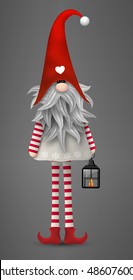 Nisser in Norway and Denmark, Tomtar in Sweden or Tonttu in Finnish, Scandinavian folklore elves, nordic christmas motive, Tomte with lantern on gray background, vector illustration, eps 10 with