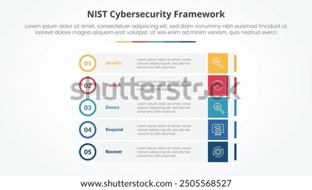 NIST cybersecurity framework infographic concept for slide presentation with rectangle box stack with outline circle badge with 5 point list with flat style vector