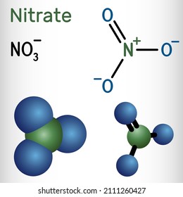 Nitrate anion molecule. Nitric acid salts containing this ion are called nitrates. Structural chemical formula and molecule model. Vector illustration