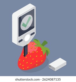 Nitrate tester. Measurement of nitrates in strawberry. The green levels of nitrates. 3d flat isometric vector illustration. Eps 10