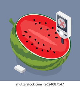 Nitrate tester. Measurement of nitrates in watermelon. The red, high level of nitrates. 3d flat isometric vector illustration. Eps 10