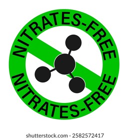 Nitrates free, green ban sign, with circle text and generic chemical formula. White background.