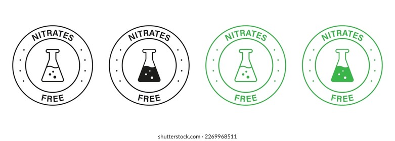 Nitrates Free Green and Black Stamp Set. No Nitrate Label. Free Nitrites in Food Ingredient Symbol. Nutrition Certified Control Not Nitrate Sign. Guarantee Non Nitrite. Isolated Vector Illustration.